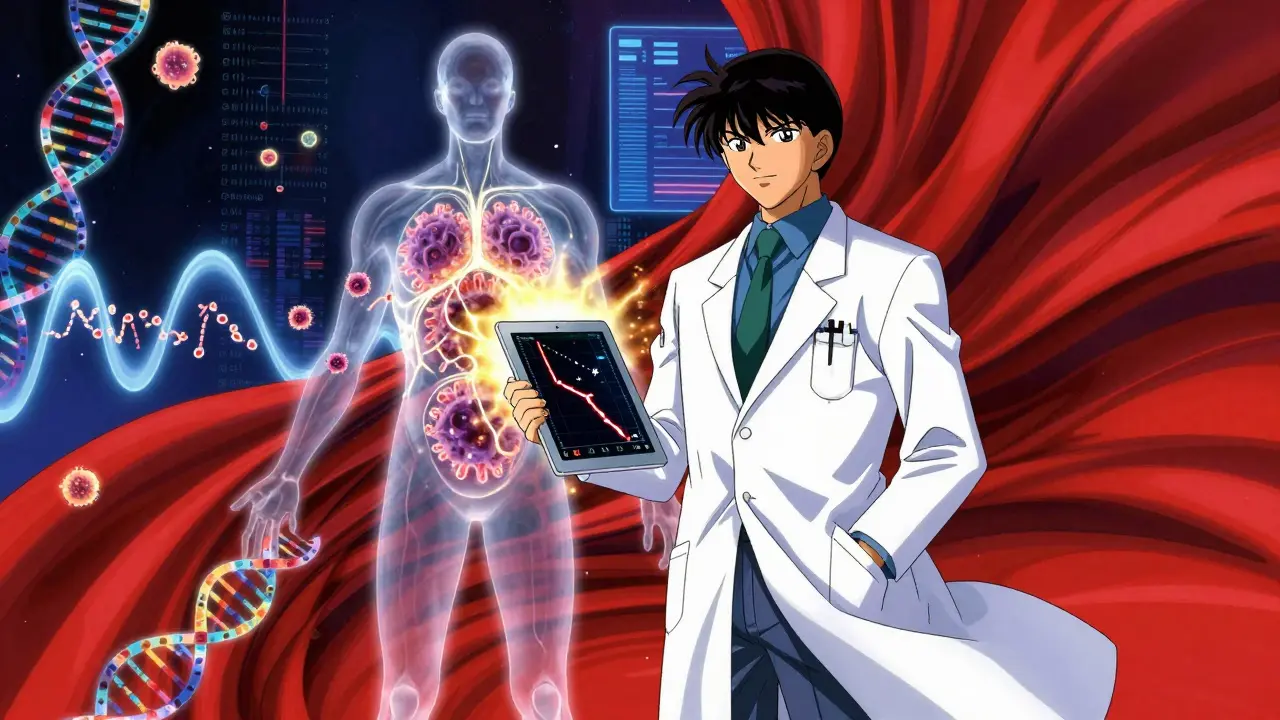 Oncologist viewing real-time ctDNA data as cancer cells dissolve into light within a patient's silhouette.