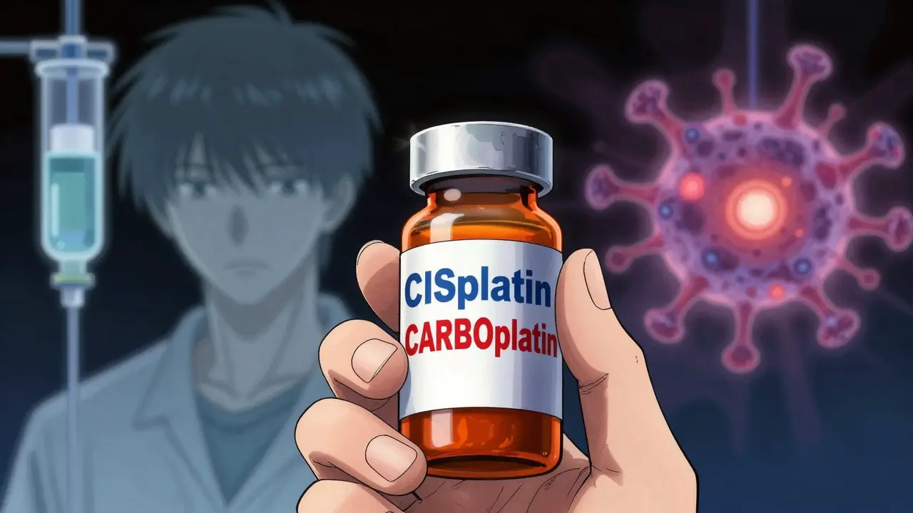 Patient holding a bottle with pulsing drug names 'CISplatin' and 'CARBOplatin' as spectral twins loom behind.