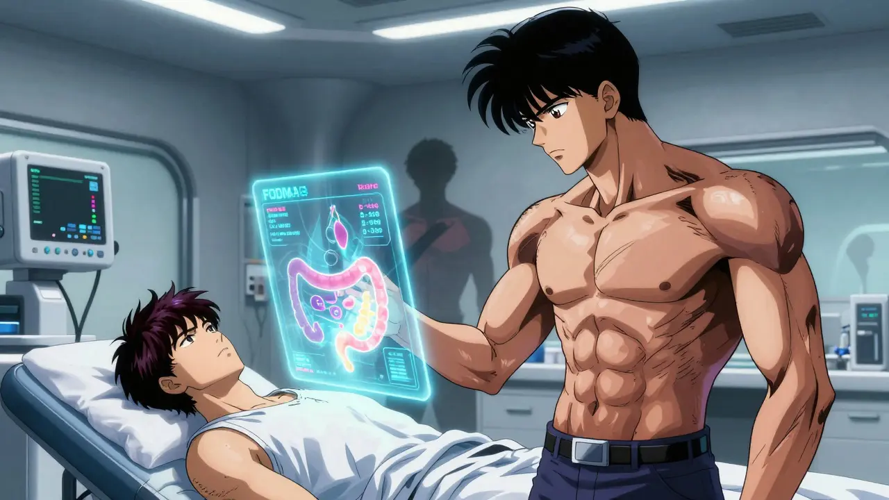 Patient receiving holographic gut analysis in a futuristic clinic with glowing AI.