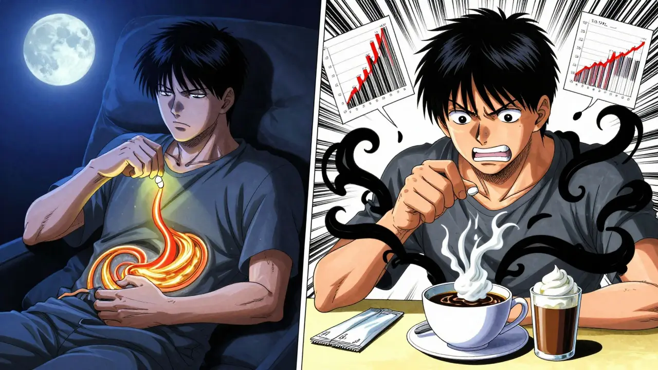 Patient takes thyroid medication at dawn versus being blocked by breakfast, with floating hormone graphs.