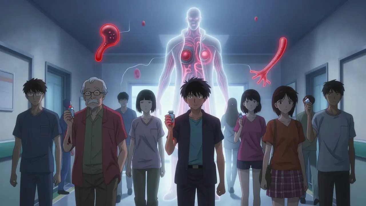 Patients in a hospital hallway with blood-red auras, guarded by a stylized PPI figure casting protective light.