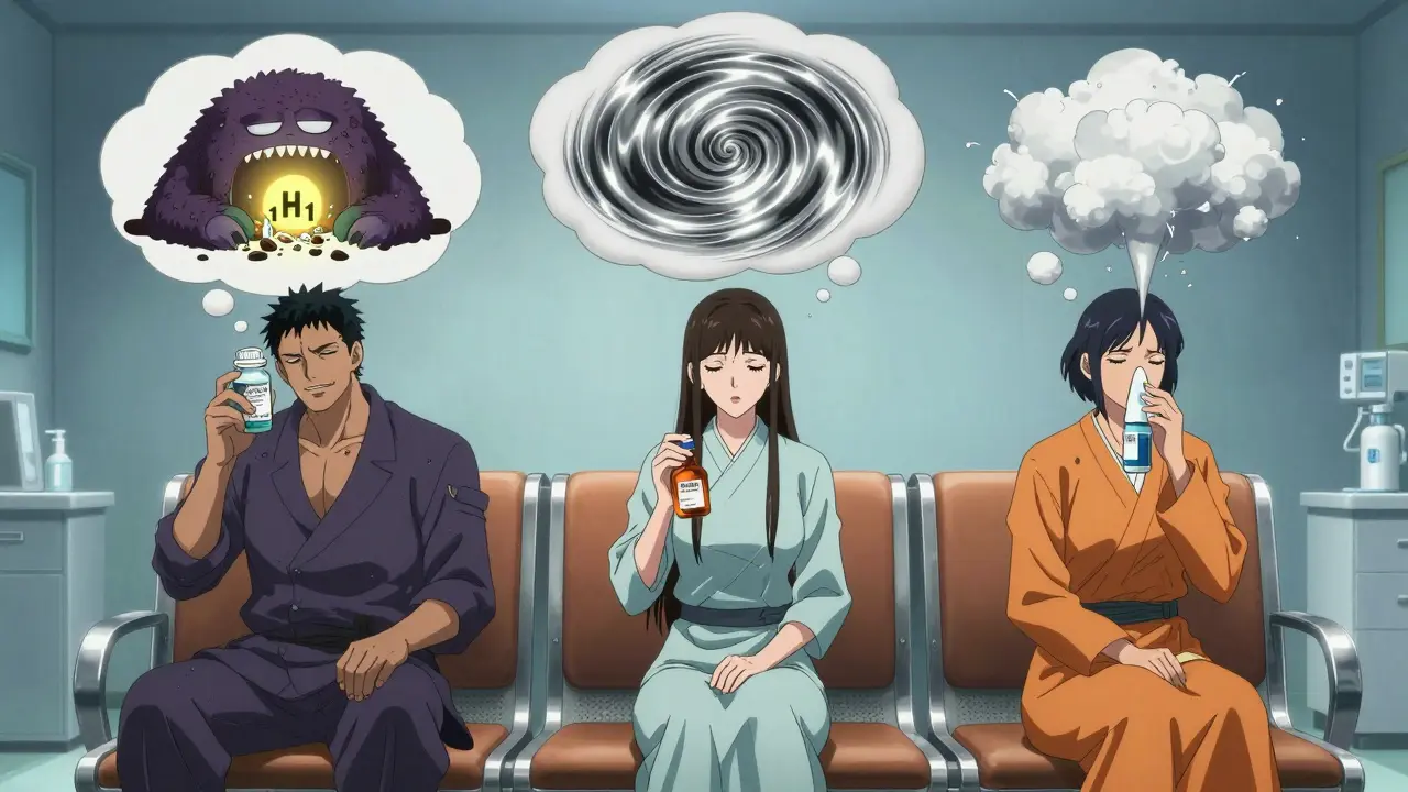 Patients in a waiting room with surreal thought bubbles showing side effects and relief from allergy meds.