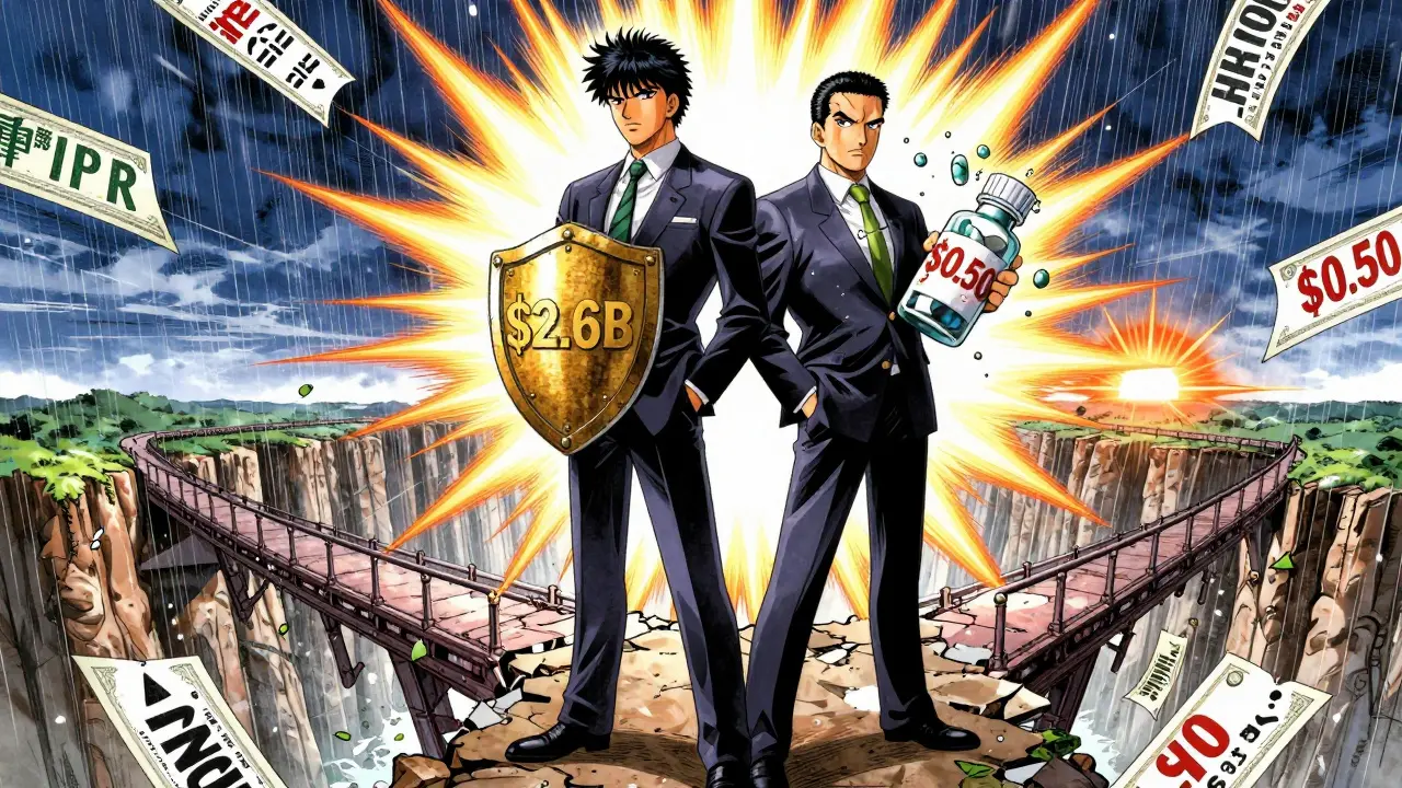 Pharmaceutical CEO and generic pioneer on a crumbling bridge, price tags falling into canyon below.