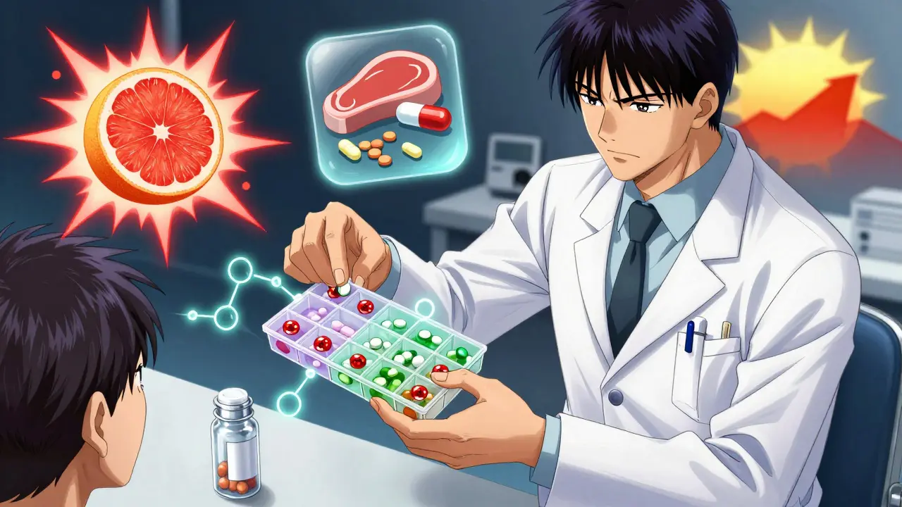 Pharmacist hands color-coded pill organizer, with floating icons showing food-drug interactions.