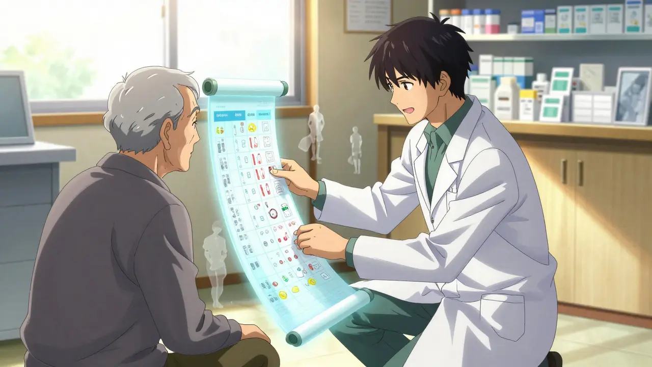Pharmacist helping an elderly patient understand medication labels with pictograms and glowing history.