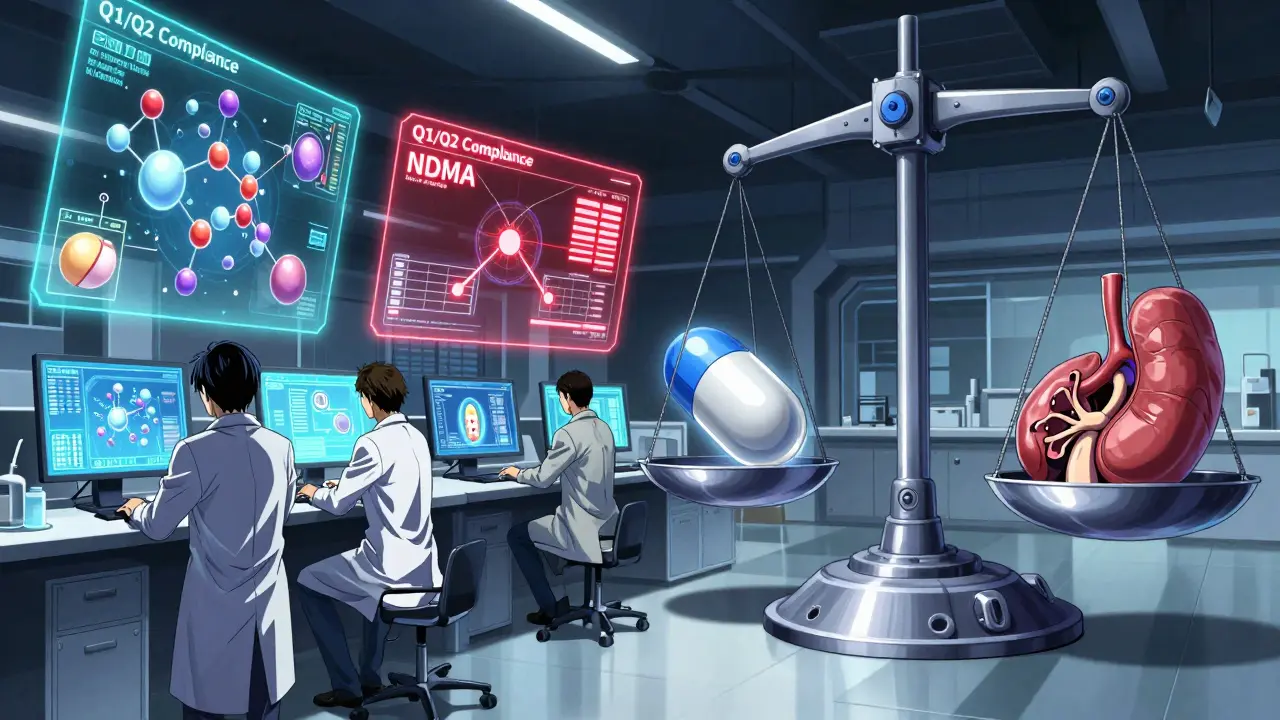 Scientists monitoring holograms of excipients affecting human tissues in a futuristic lab.