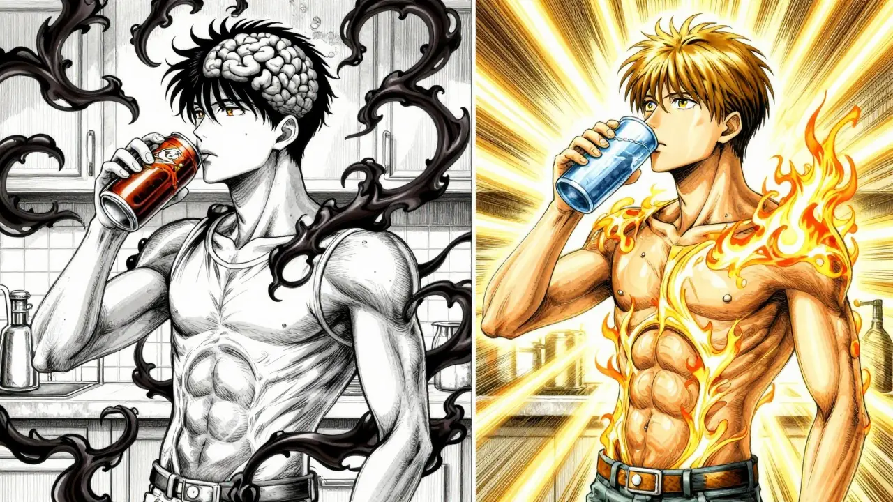 Side-by-side comparison: one person drinking diet soda with dark energy, another drinking water with golden light.