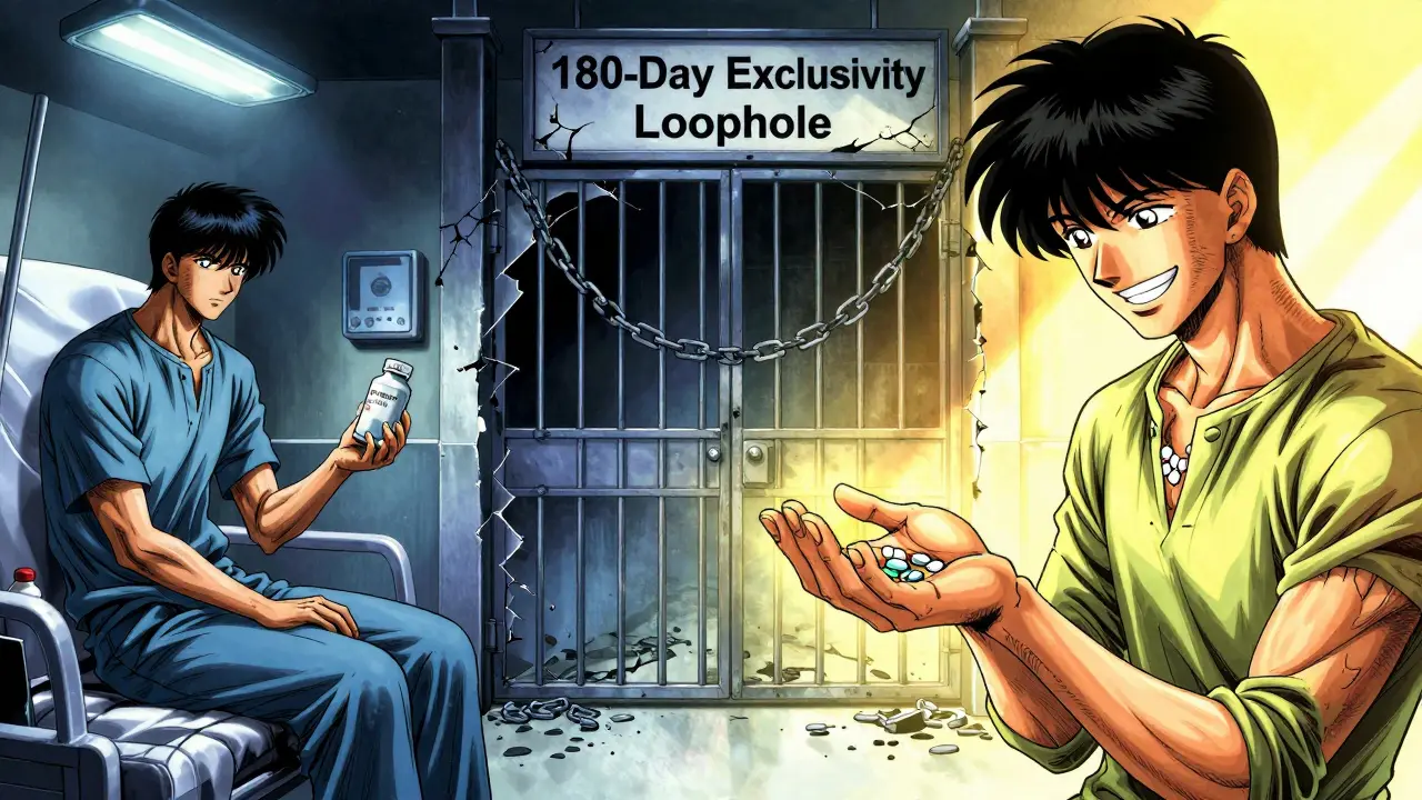 Split-panel showing patient trapped by brand drug vs. freed by generic, with crumbling exclusivity gate in between.