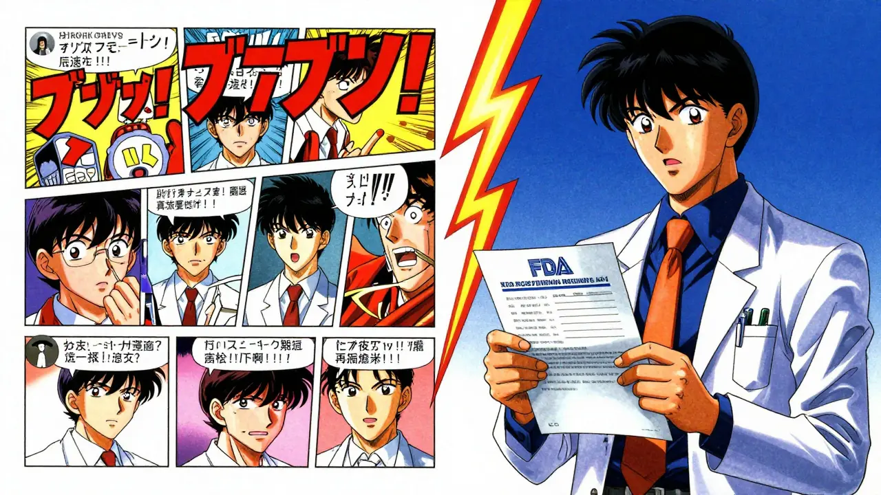 Split scene: chaotic social media vs. confident patient-doctor conversation, rendered in bold anime style.