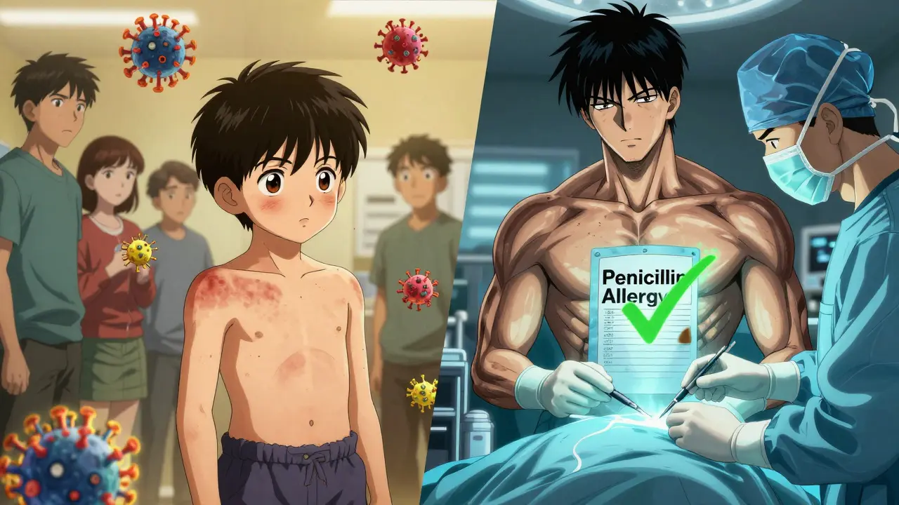 Split scene: child with rash on one side, adult safely receiving antibiotic in surgery on the other, outdated allergy label being erased.