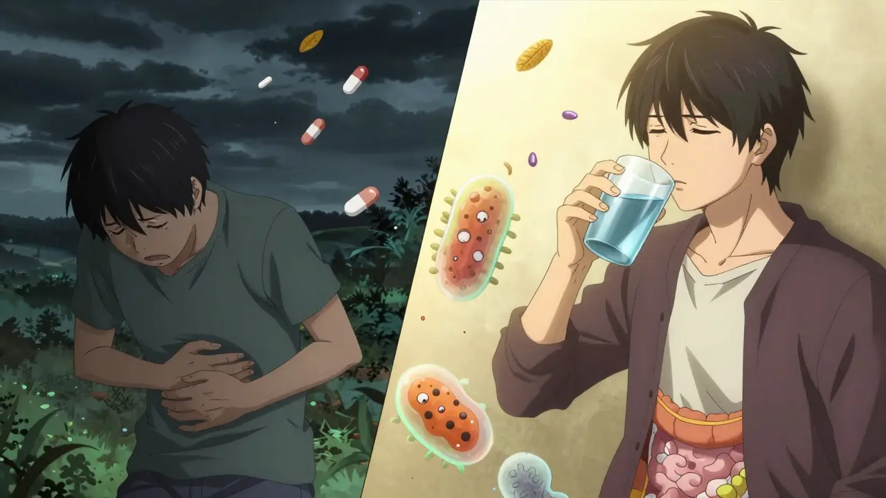 Split scene of gut pain and calm recovery with microbiome spirits in manga style.