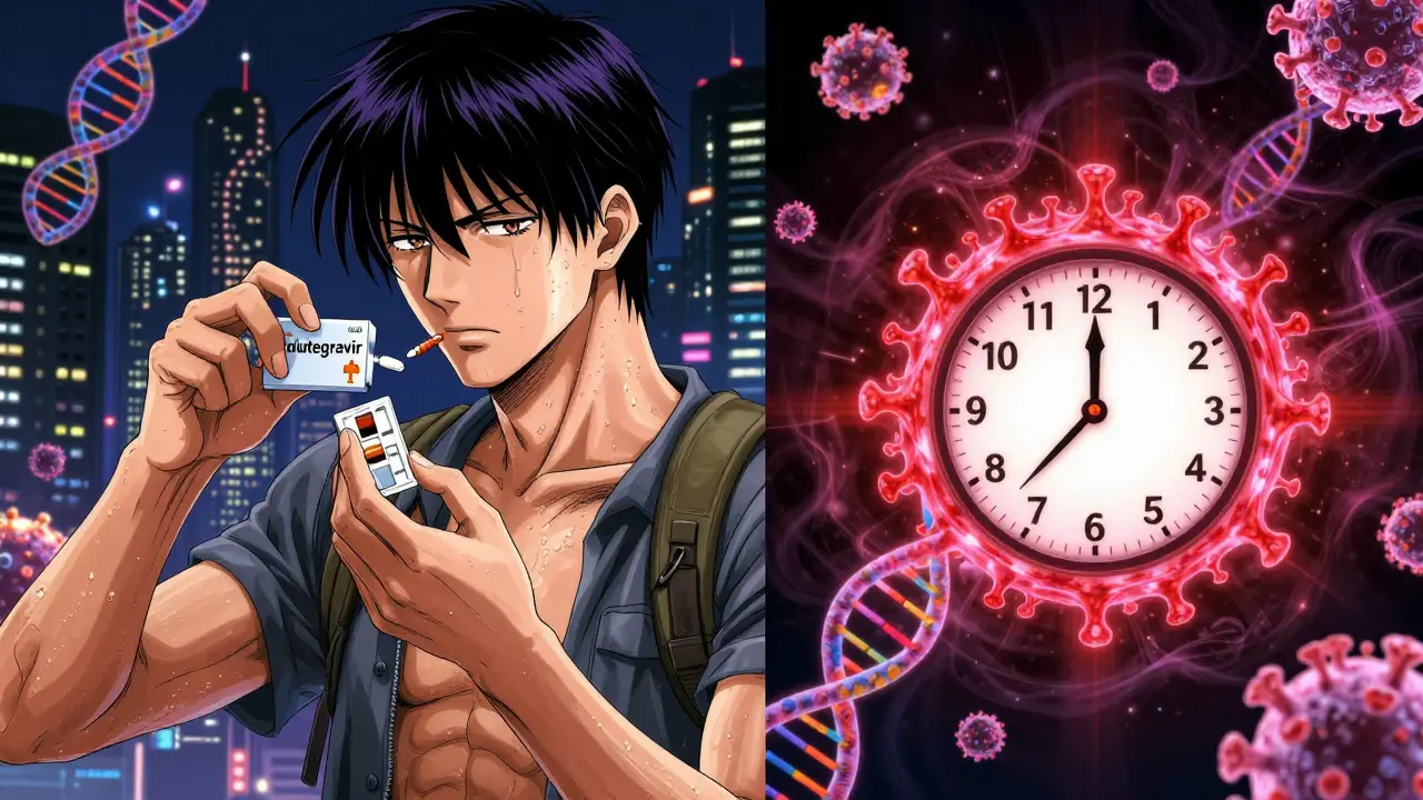 Split scene of HIV medication timing with viral spike warning and glowing time zone maps.