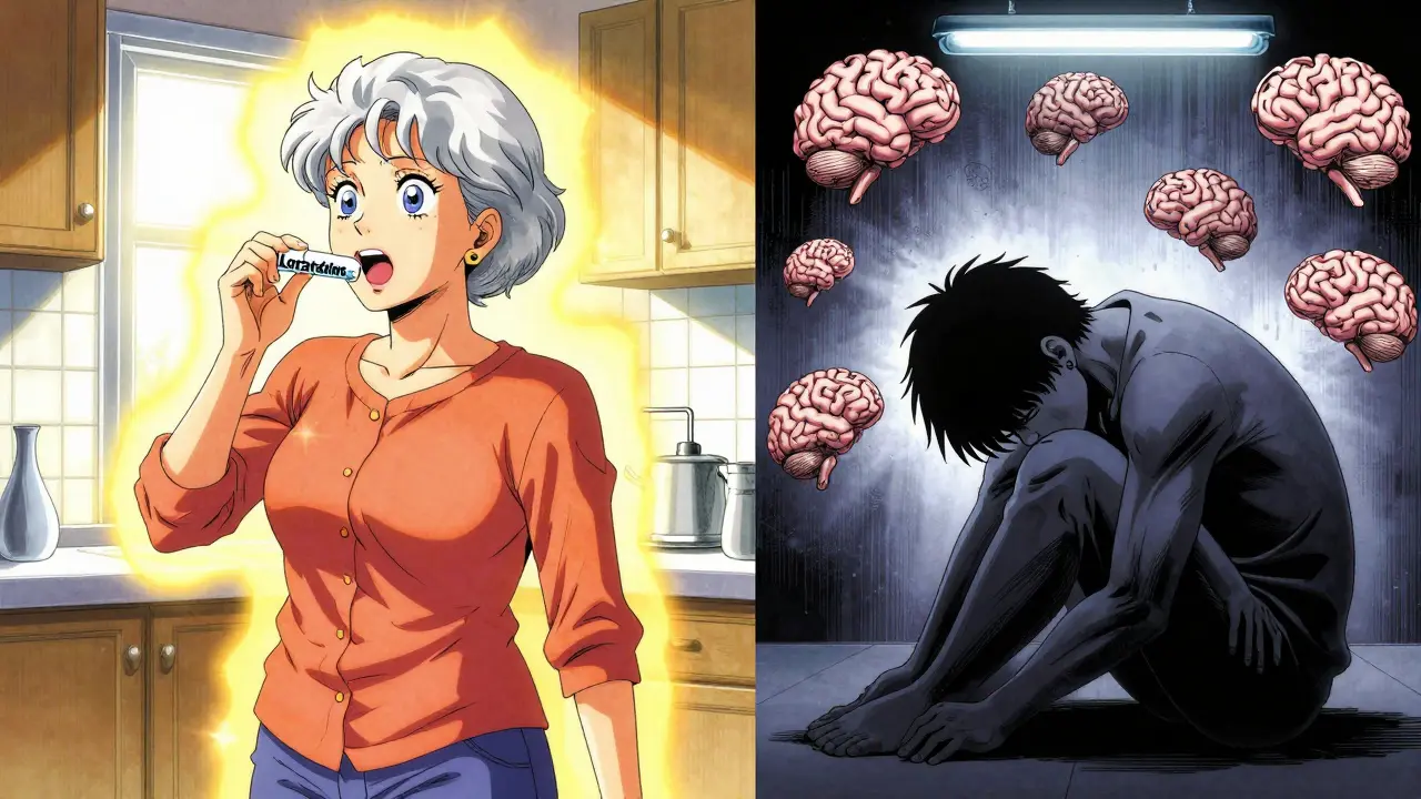 Split scene: one woman glowing with clarity taking safe allergy meds, another in shadow taking risky ones.