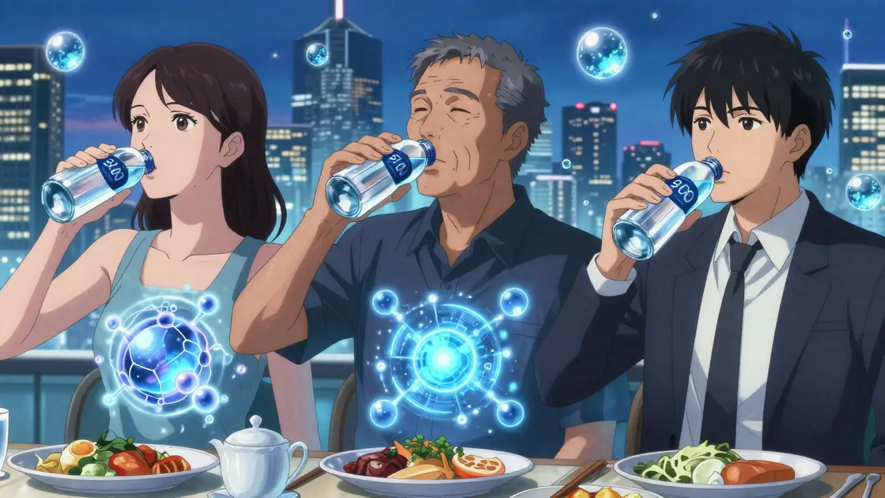 Three people drinking water before meals, with internal fat-burning energy cores glowing softly.