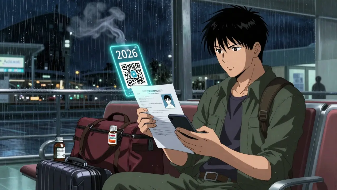 Traveler holding doctor’s letter and photo of medication bottle with digital health pass floating nearby.