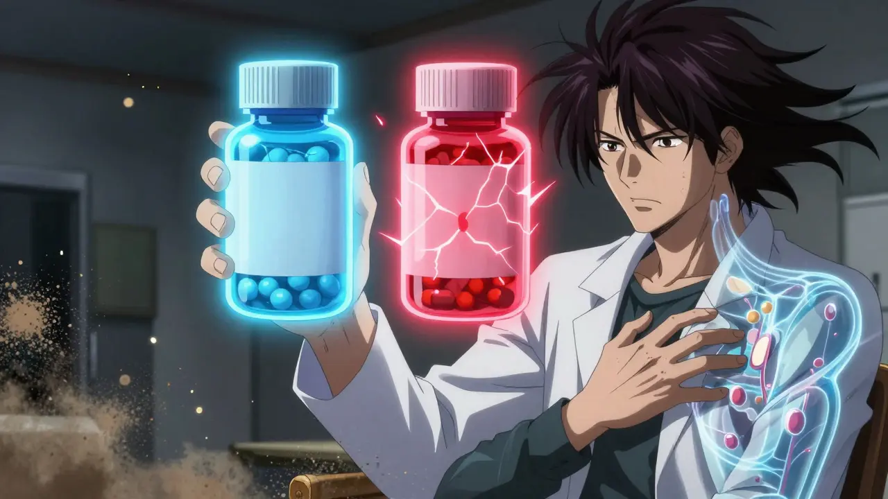 Two identical pill bottles with contrasting energies, beside a patient experiencing a reaction.
