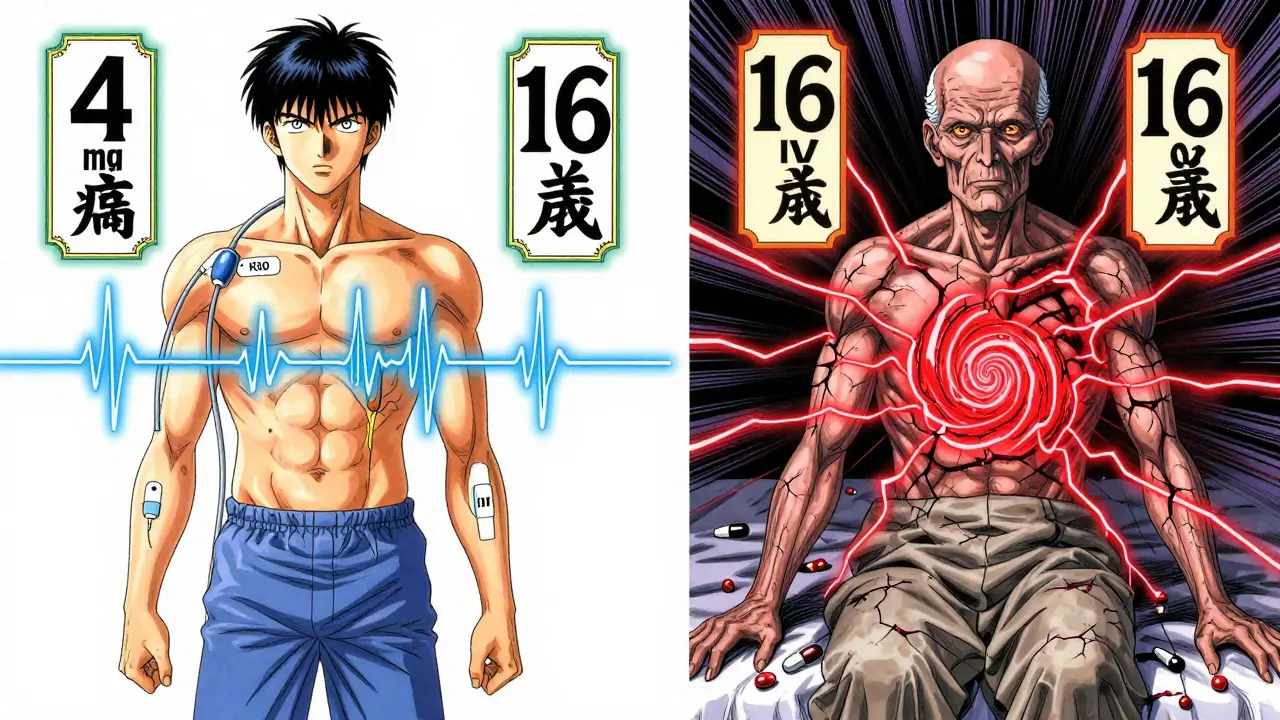 Two patients side by side: one safe with blue energy flow, one in crisis with crimson electrical fractures from dangerous ondansetron dose, surrounded by floating drug labels.