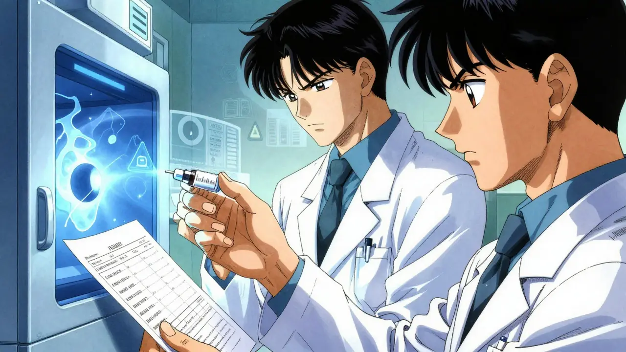 Two pharmacists double-checking an insulin dose under cold blue hospital lighting.