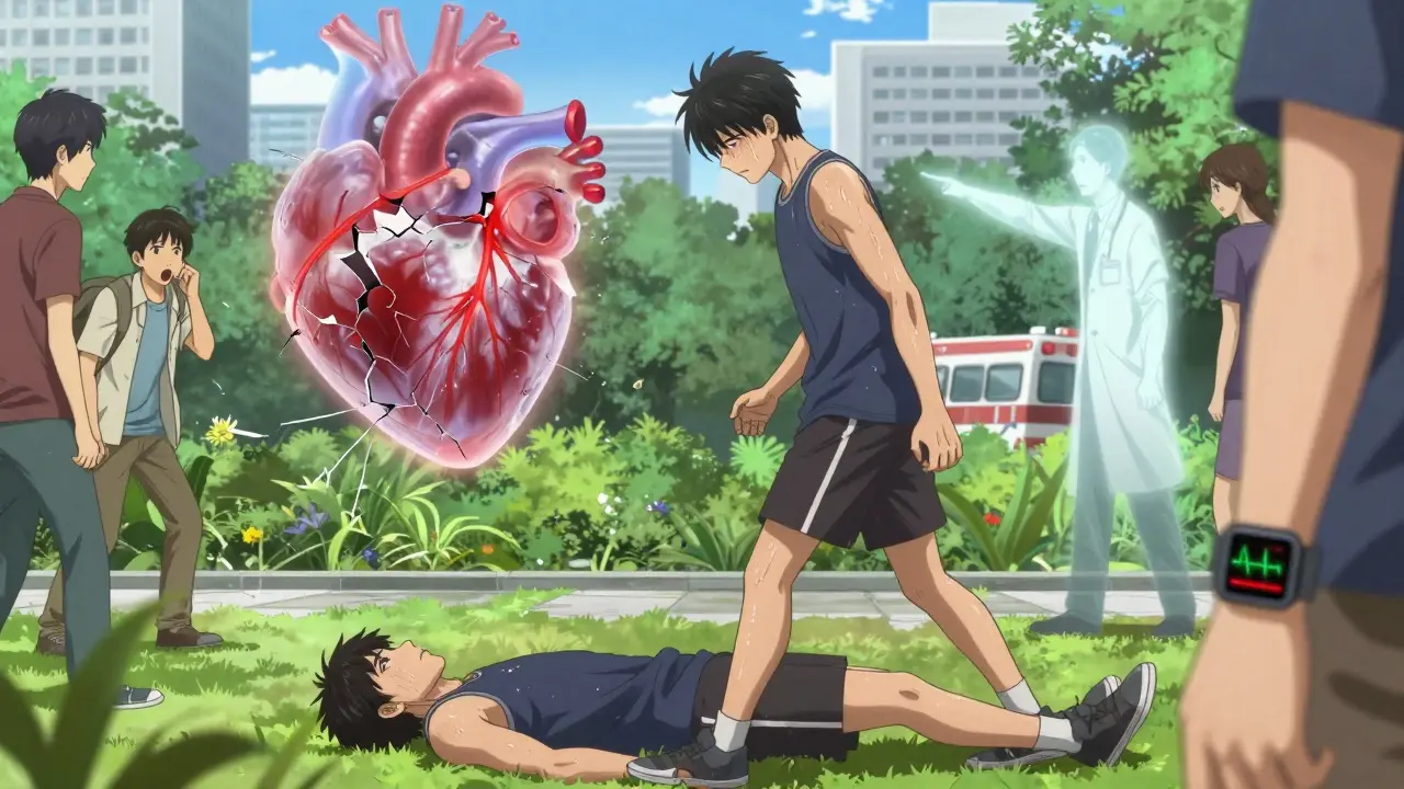 Young man collapsing in park, fractured glowing heart in background, bystanders confused, smartwatch showing ECG alert.