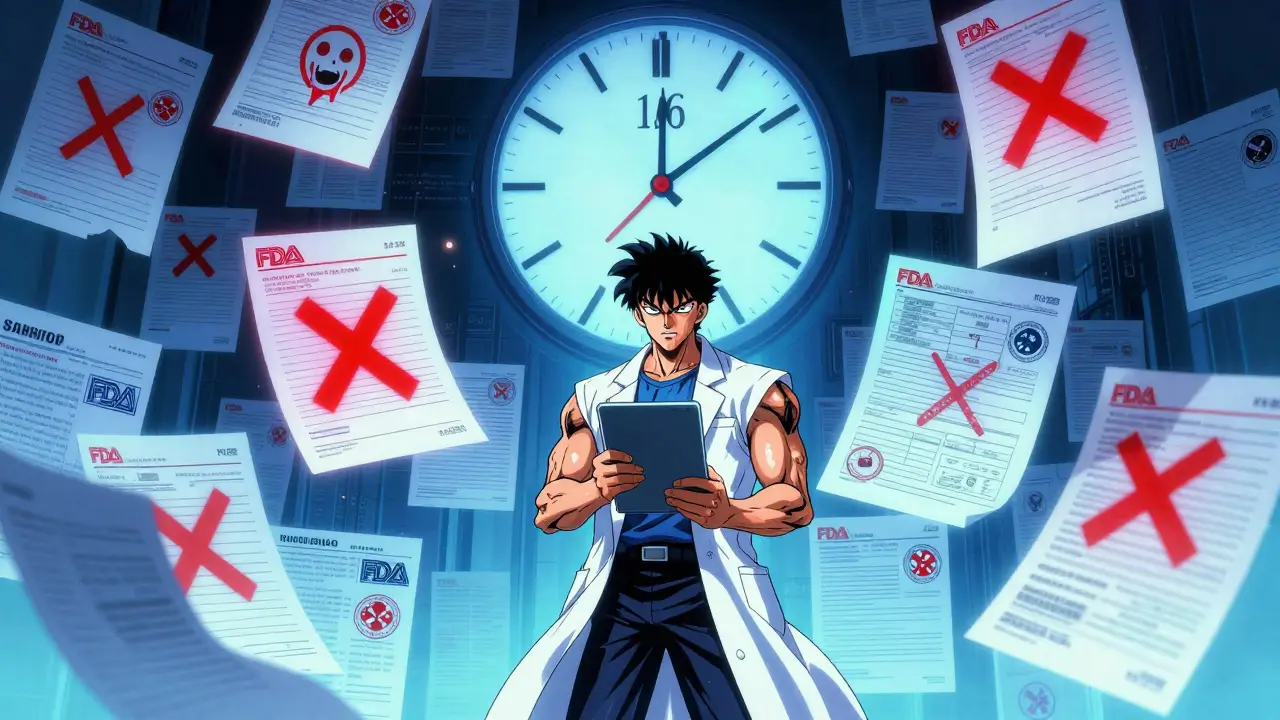 A determined scientist facing a wall of failed drug applications, with a countdown clock and rogue impurity symbol.