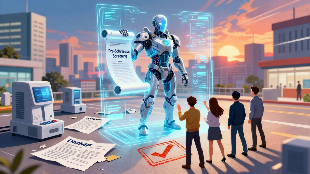 A futuristic AI figure holding a screening scroll, with a small team reaching toward it amid discarded regulatory failures.