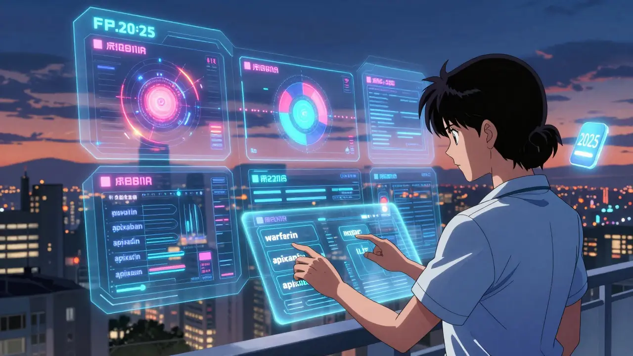 A futuristic FDA dashboard with keyword inputs and a rising 2025 app icon.