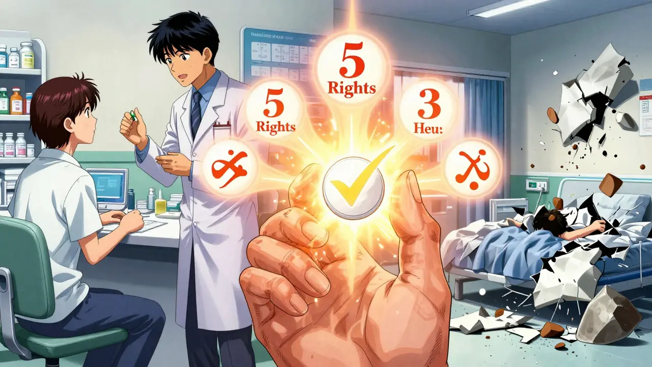 A hand holding a pill with floating safety icons and a Teach-Back scene in the background, anime style.