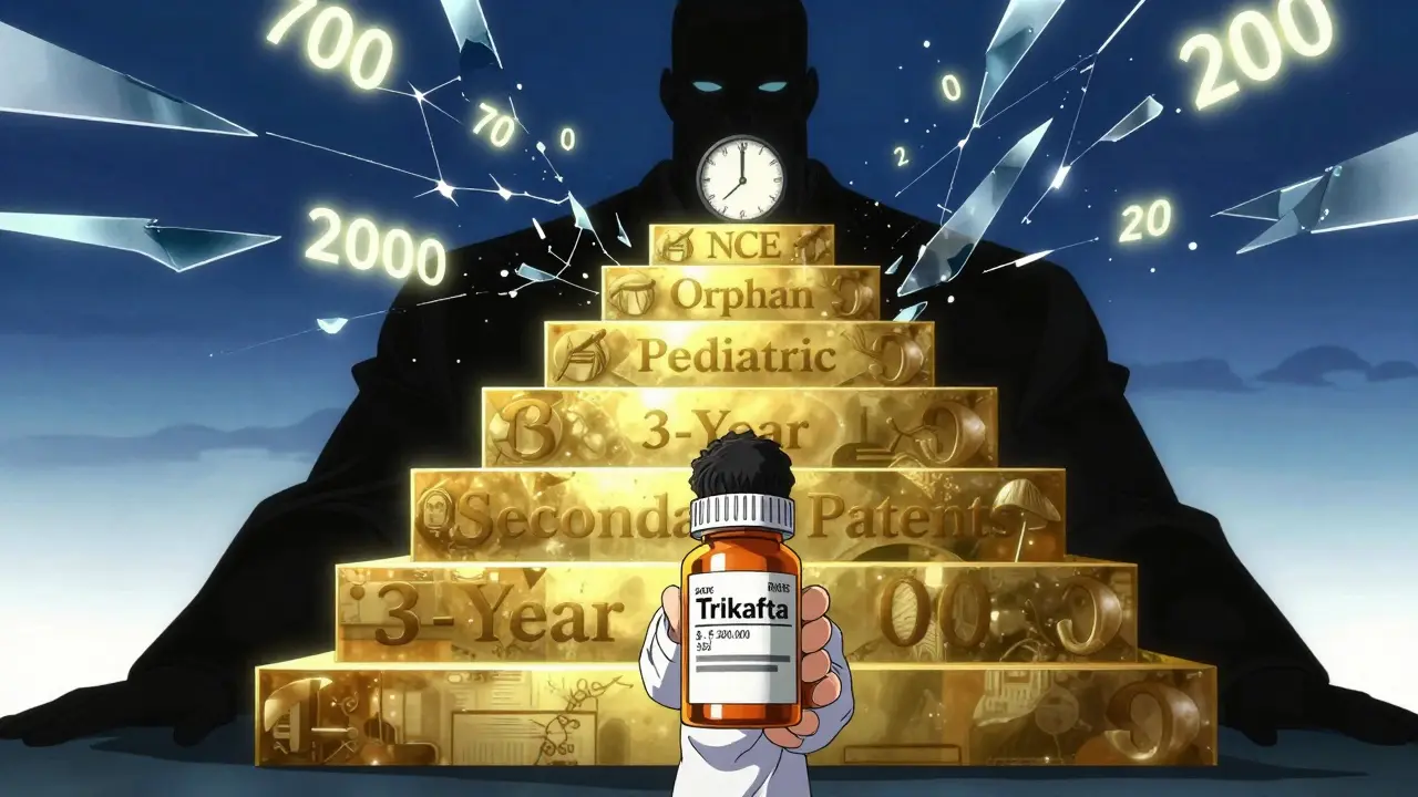 A patient holds an expensive drug while corporate layers of exclusivity stack behind them like armor.