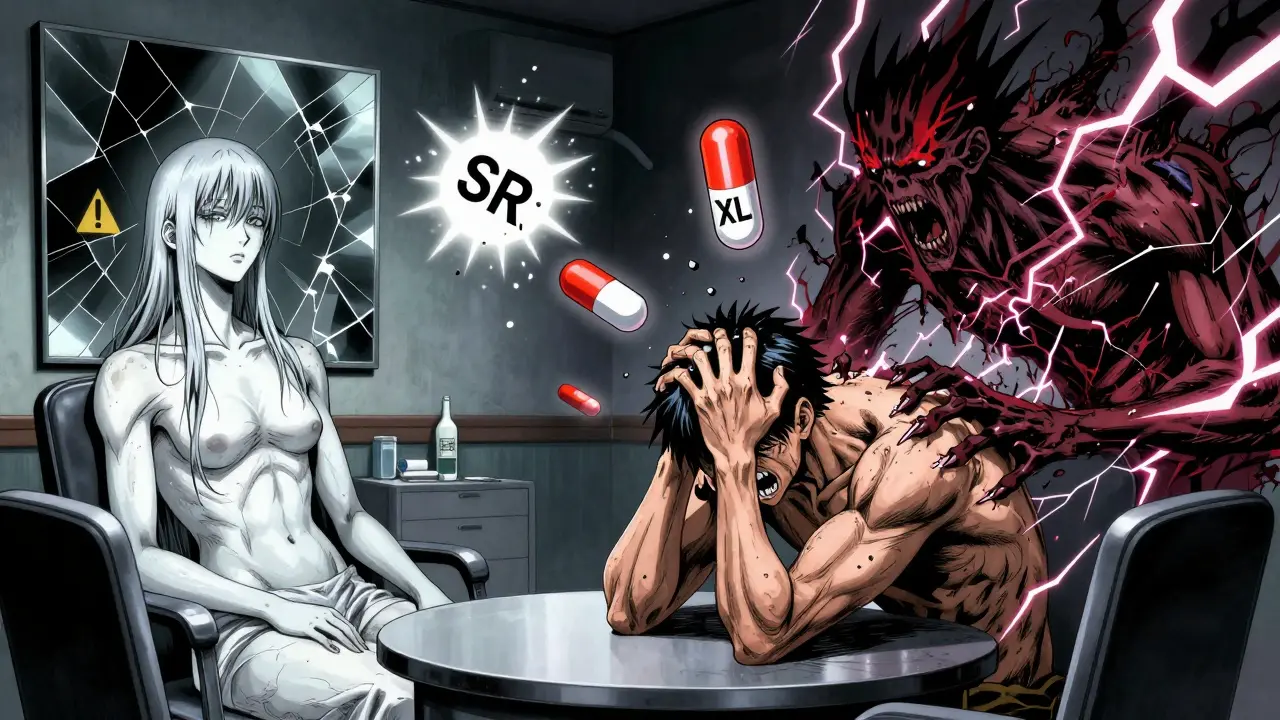 A patient torn between calm and anxiety, with bupropion pill forms floating as symbols of treatment choices.