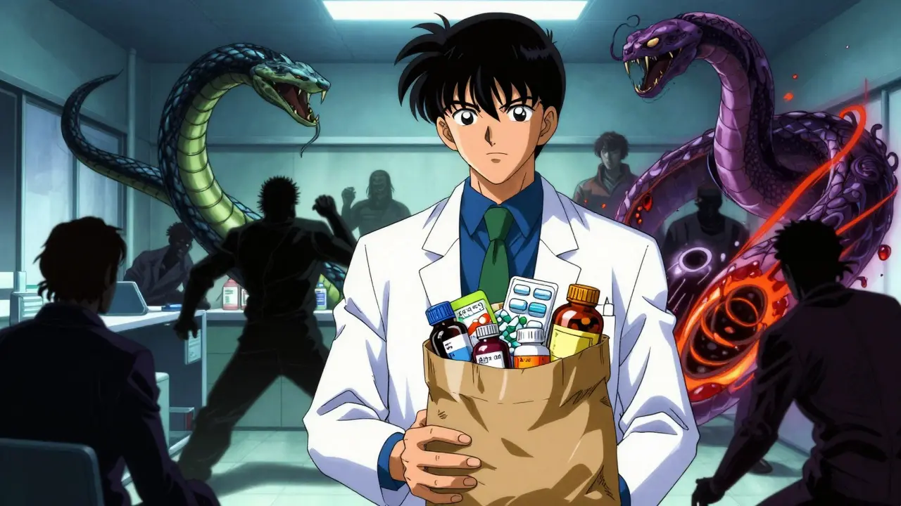 A pharmacist holding a brown bag of medications while dangerous interactions manifest as serpents in the background, anime style.
