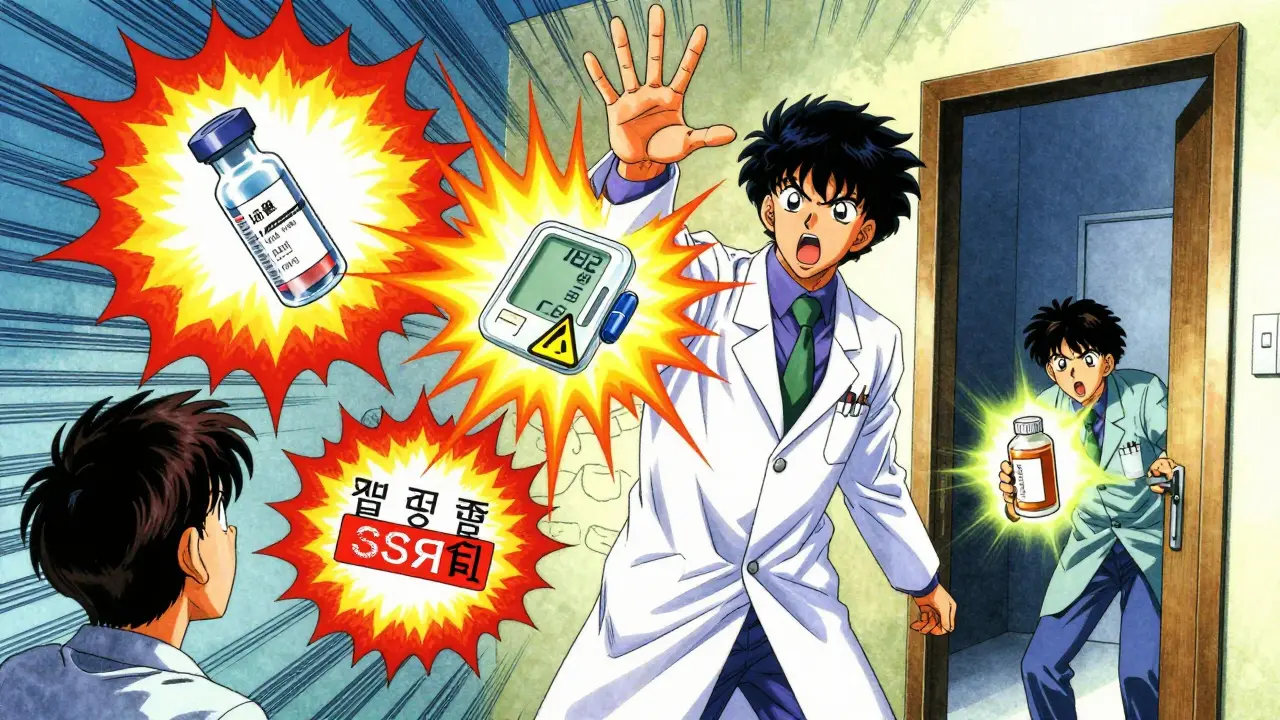A pharmacist surrounded by exploding drug safety alerts in dramatic anime style.