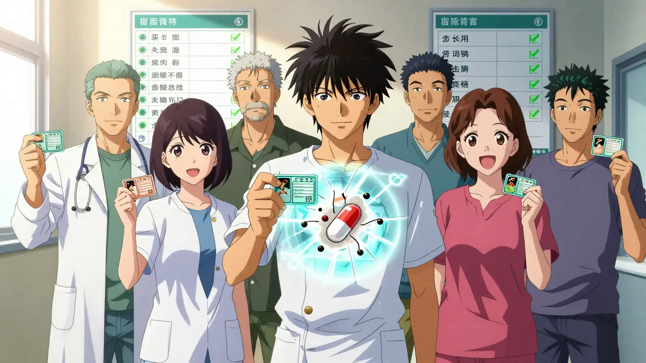 Diverse patients holding glowing cards that update allergy records, replacing old labels with green checkmarks in a bright clinic.