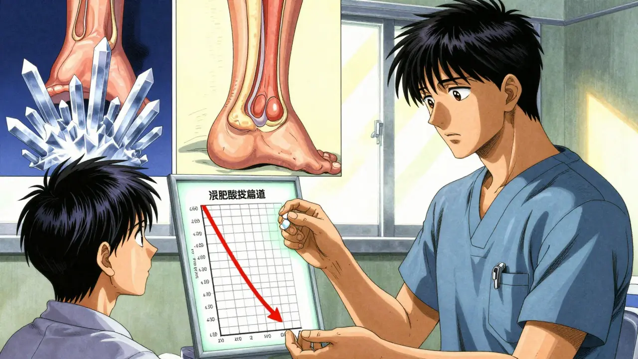 Doctor handing allopurinol pill to patient, with contrasting scenes of gout flare and healed tendon behind them.