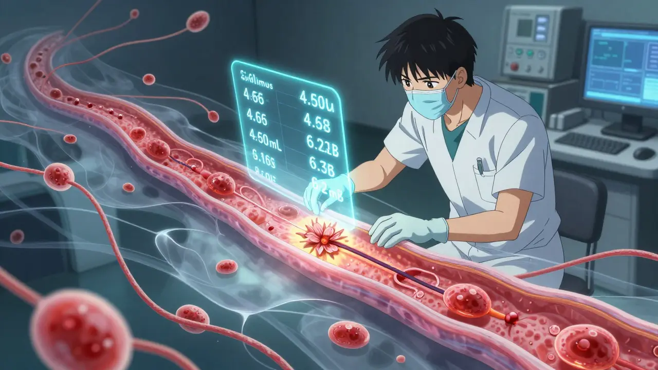 Medical team monitoring sirolimus blood levels as a surgical wound heals like a blooming flower with cellular activity.