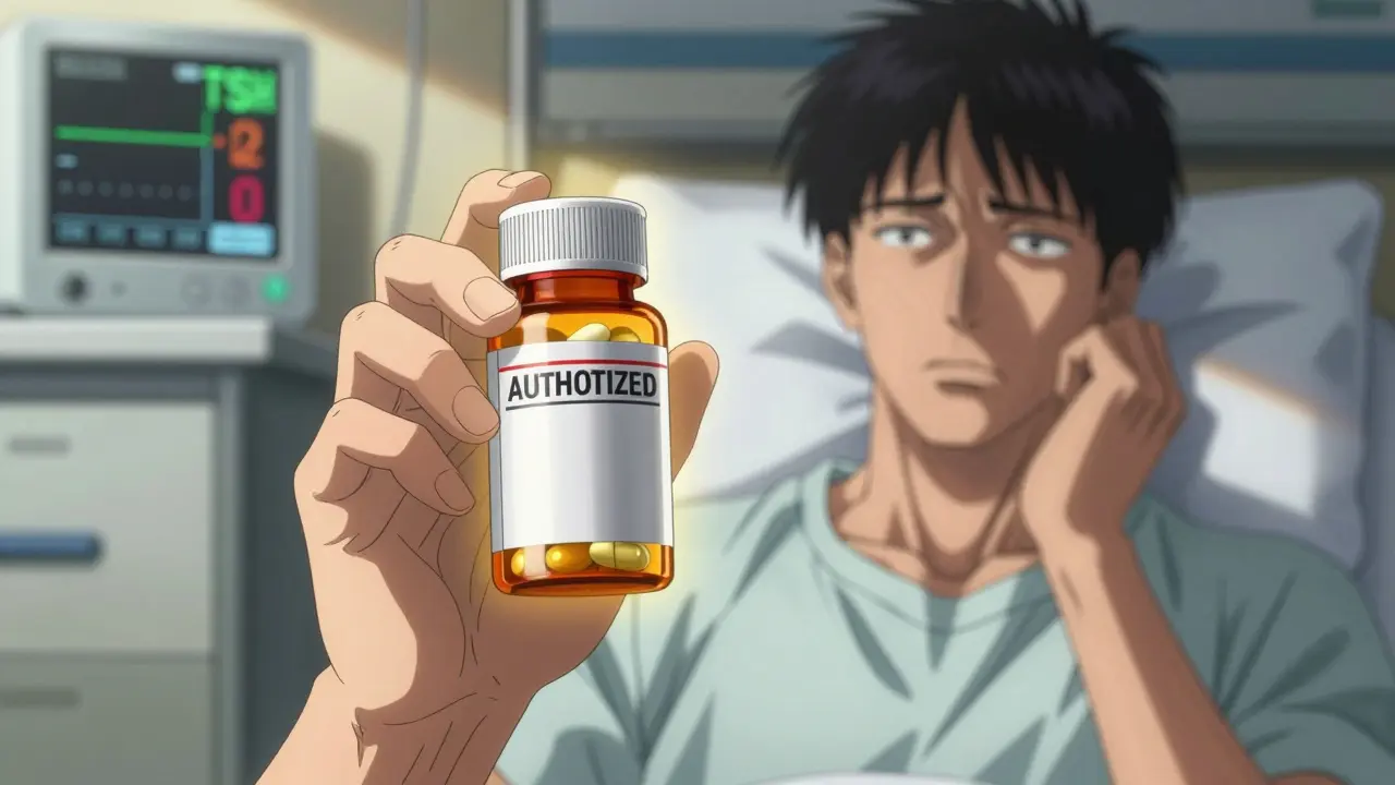 Patient holding an authorized generic pill with a ghostly twin of the brand-name version beside it.
