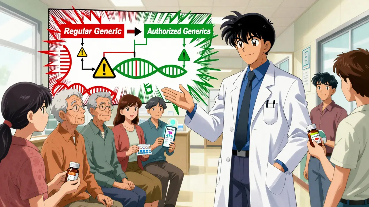 Pharmacist explaining authorized generics to diverse patients, with a dramatic manga-style flowchart behind them.