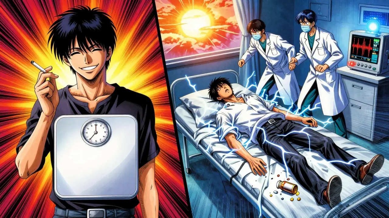 Split scene: one side shows benefits of bupropion, the other shows seizure risk, highlighting its dual nature.