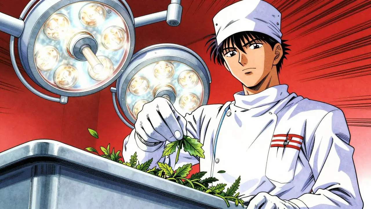 Surgeon discarding feverfew leaves before surgery.