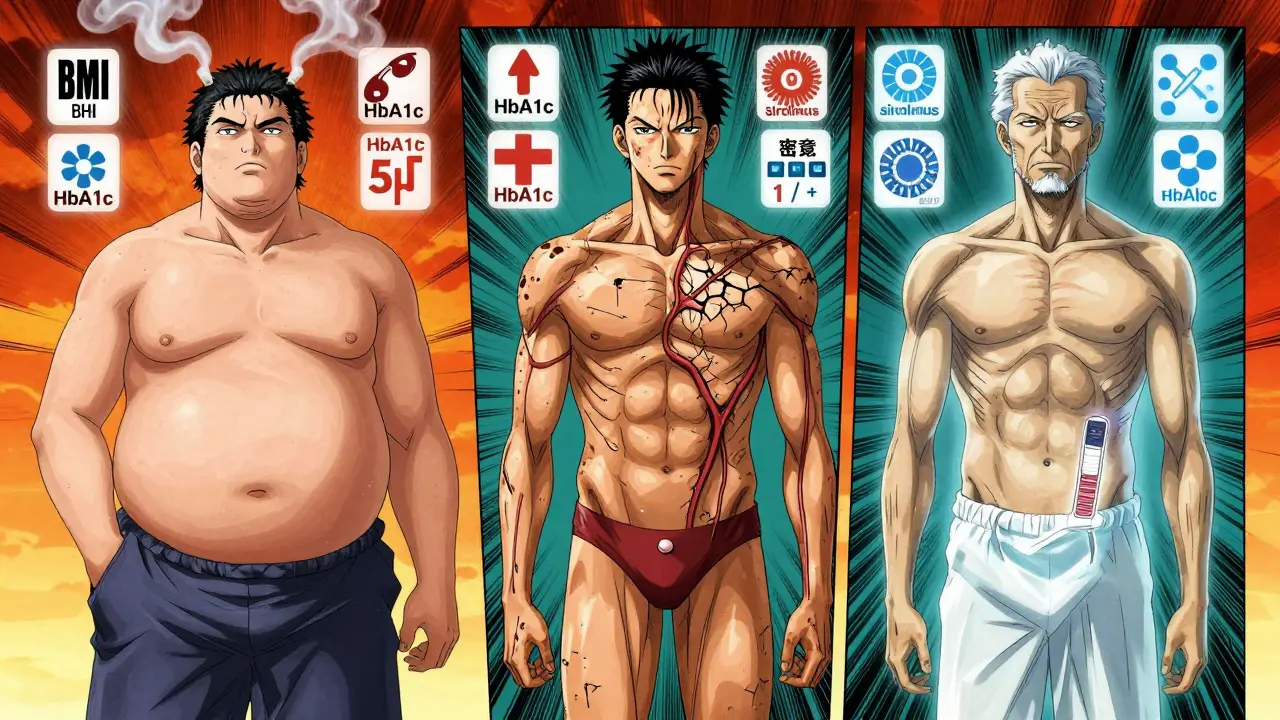 Three patients with different risk factors for sirolimus complications: obese, diabetic, and healthy, shown with symbolic icons.