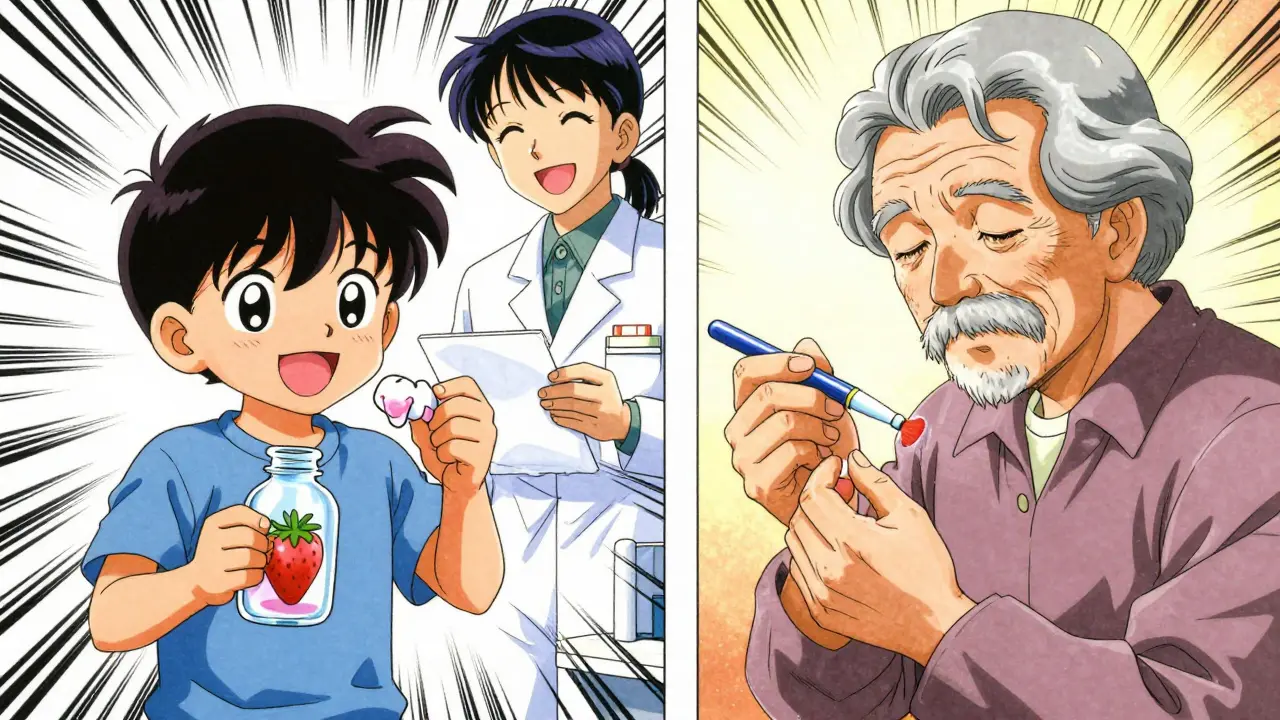 A child and elderly patient receiving customized medications with expressions of joy and relief.