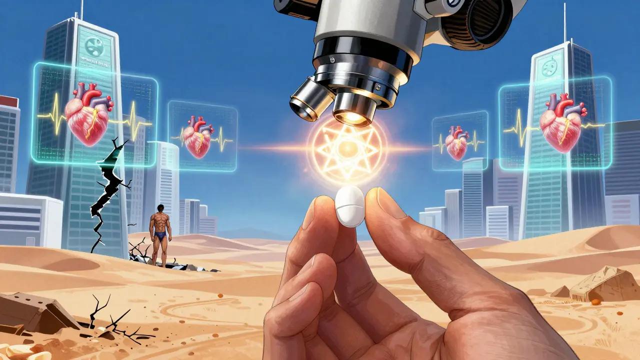 A close-up of a generic pill under a microscope with glowing molecular structure and synchronized heartbeats.