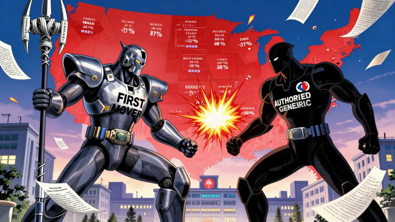 A dramatic battle between a first-mover corporation and an authorized generic, surrounded by legal documents and shifting market maps.