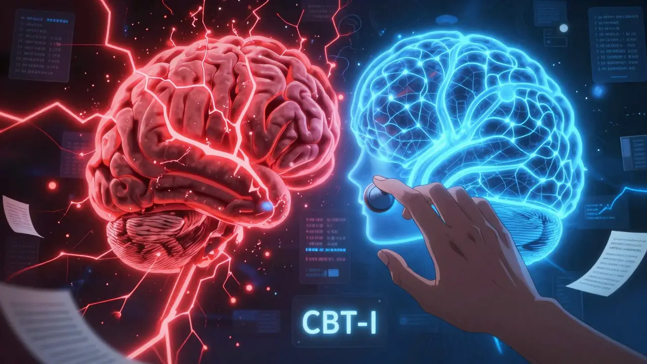 A futuristic brain with clashing pain and sleep pathways, being balanced by a CBT-I dial in a dramatic landscape.