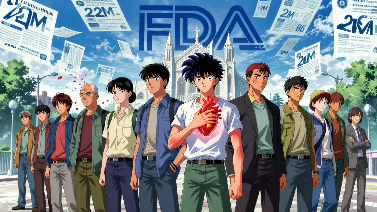 A group of people each radiating unique side effect auras, with a massive FDA logo in the background and digital reports streaming upward.