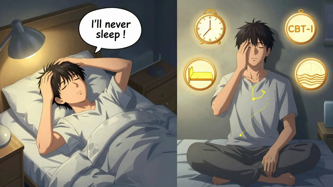 A person transitioning from restless sleep to calm CBT-I practice, with symbolic golden elements surrounding them.