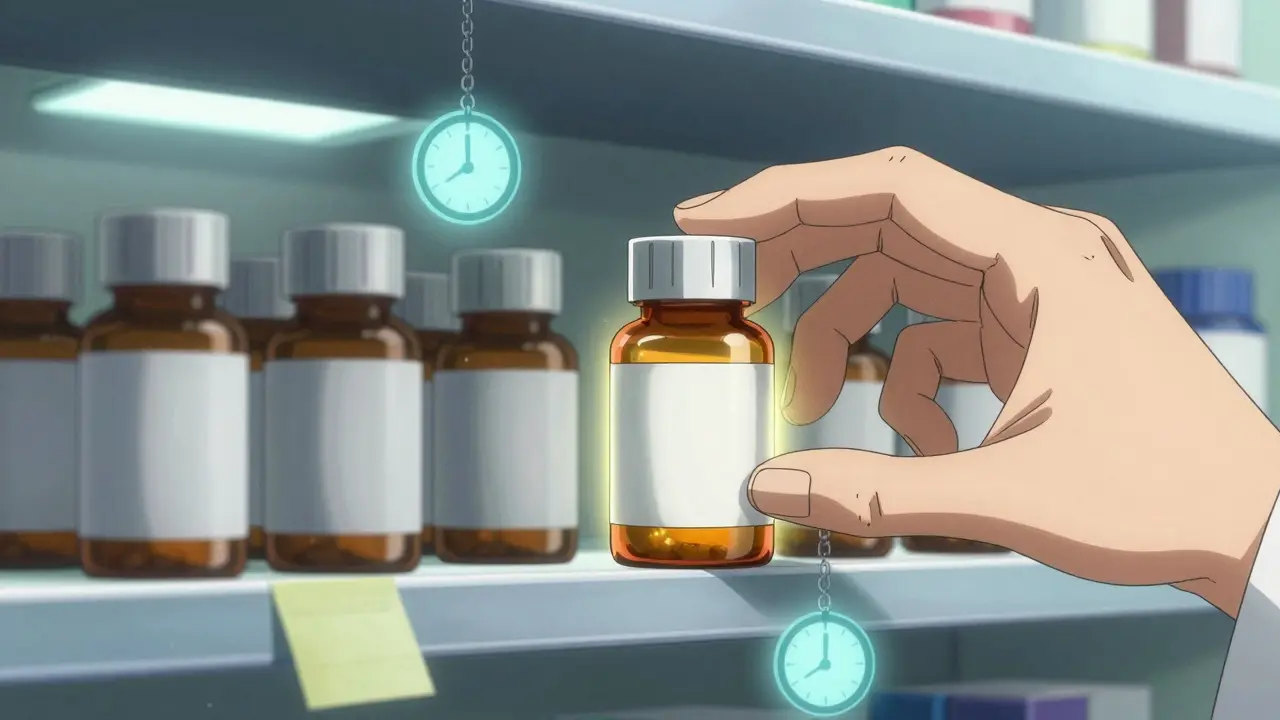 A pharmacist's hand selects one pill bottle radiating golden energy while others remain untouched on a shelf.