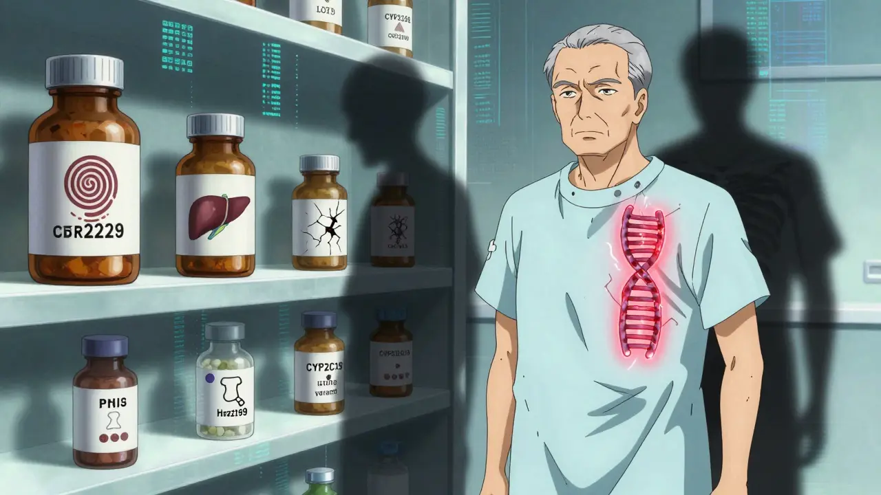 An elderly man beside floating medication bottles, each representing different side effects, with a glowing gene strand nearby.