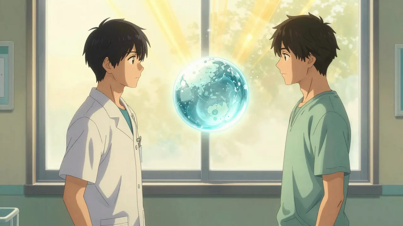 Doctor and patient stand with glowing water protection shield.