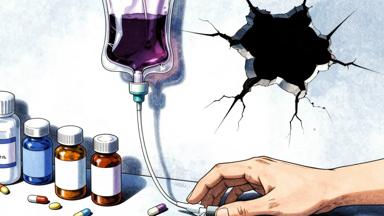 Intravenous bag and pills cast spiked shadows in manga art.