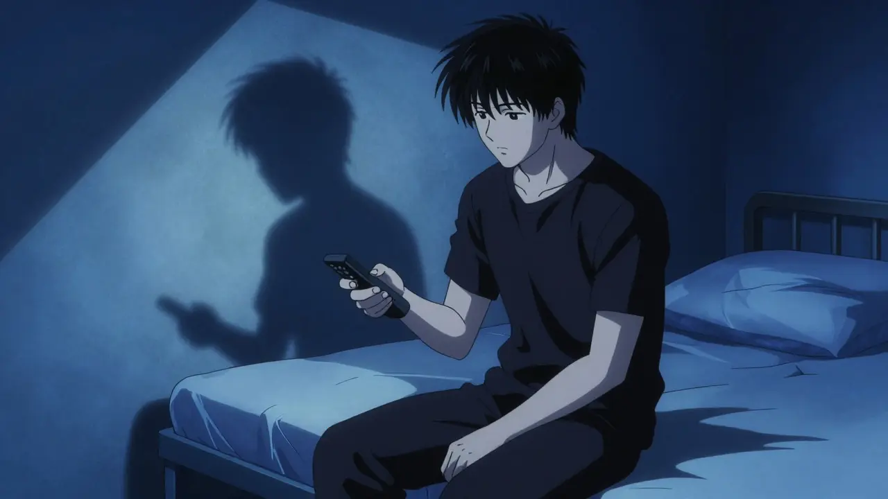 Patient holding remote control by bedside during night time.